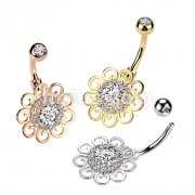 316L Surgical Steel Belly Ring With Round CZ Center and Pave CZ and Filigree Edge