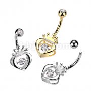 316L Surgical Steel Hollow CZ Crown Heart With Round Prong Set CZ Dangle Center Belly Button Ring
