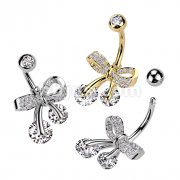 316L Surgical Steel CZ Pave Ribbon With Double CZ Belly Button Ring