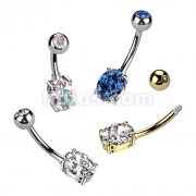 Implant Grade Titanium With Pressed Fit CZ Top and Oval Brass Prong Set CZ Belly Button Ring