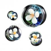 Floating White Flower Double Flare Glass Plug
