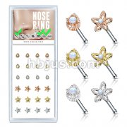 24 Pcs Pre Loaded Box of Opal Set Mixed Styles 20ga 316L Surgical Steel Nose Stud Rings Pack (6 Styles x 4 Pcs)