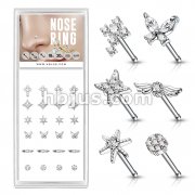24 Pcs Pre Loaded Box of Mixed Styles with Clear CZ Top 20ga 316L Surgical Steel Nose Stud Rings Pack (6 Styles x 4 Pcs)