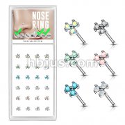 24 Pcs Pre Loaded Box of Three Stone Prong Set 20ga 316L Surgical Steel Nose Stud Rings Pack (6 Color x 4 Pcs)
