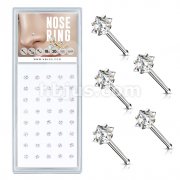 40 Pcs Pre Loaded Box of Clear Prong Set Square CZ Top 316L Surgical Steel Nose Stud Package