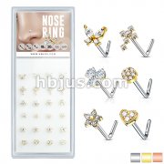 24 Pcs Pre Loaded Box of Assorted Styles with CZs L Bend 20 Gauge 316L Surgical Steel Nose Ring Package