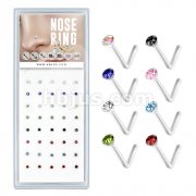 40 Pcs Mixed Colored Pre Loaded Box of 2mm Gem Top Flexible L-Bend Nose Rings
