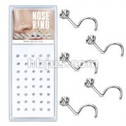 40 Pcs Pre Loaded Box of Clear Prong Set Round CZ Top 316L Surgical Steel Nose Screw Pack