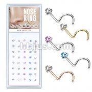 40 Pcs Mixed Colored Pre Loaded Box of Prong Set Heart CZ Top 316L Surgical Steel Nose Screw Pack