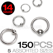 150 Pcs of 14 Gauge 316L Surgical Stainless Steel Mixed Size Captive Bead Rings