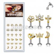 24 Pcs Pre Loaded Internally Theaded Assorted Styles Gold PlatedTop 316L Surgical Steel Stud Pack for Labret, Lip, Monroe and Ear Cartilage