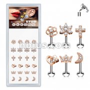 24 Pcs Pre Loaded Internally Theaded Assorted Styles RoseGold Plated Top 316L Surgical Steel Stud Pack for Labret, Lip, Monroe and Ear Cartilage