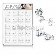 20 Pairs Of Assorted Size CZ Set .925 Sterling Silver Earring Studs Preloaded Into Puff Pad Acrylic Display Case (4 Pairs X 5 Sizes)