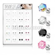 20 Pairs Of Assorted Size CZ Set 316L Surgical Steel Earring Studs Preloaded Into Puff Pad Acrylic Display Case (1 Pairs x 4 Colors x  5 Sizes)