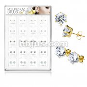 20 Pairs Of Assorted Size CZ Set Gold IP Over316L Surgical Steel Earring Studs Preloaded Into Puff Pad Acrylic Display Case (4 Pairs x 5 Sizes)