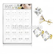 20 Pairs Of Assorted Size Square CZ Set Gold IP 316L Surgical Steel Earring Studs Preloaded Into Puff Pad Acrylic Display Case (4 Pairs x 5 Sizes)