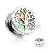 Abalone Inlaid under Life Tree Top 316L Surgical Steel Screw Fit Flesh Tunnel Plugs