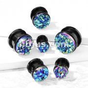 Blue Druzy Stone Front Black IP Over 316L Surgical Steel Screw Fit Flesh Tunnel Plugs