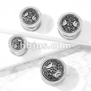 Antique Silver Plated Two Crescent Moons and Star Center 316L Surgical Steel Screw Fit Flesh Tunnel Plugs