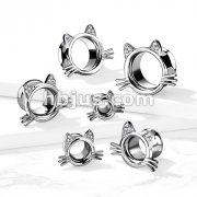 Cat With Whiskers and Paved GemEars 316L Surgical Steel Double Flared Tunnels