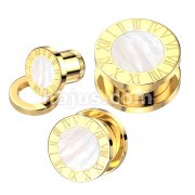 Roman Numeral Edge with Mother of Pearl Shell Center Gold PVD 316L Surgical Steel Screw Fit Flesh Tunnel Plug