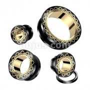 Gold Filigree Rim and Tunnel Black PVD over 316L Surgical Steel Screw Fit Tunnel