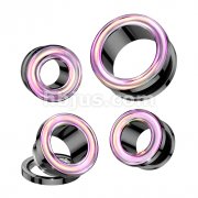 316L Surgical Steel Black PVD Screw Fit Tunnel With Iridescent Rainbow Rim 
