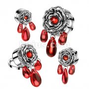 Flower With Red Gem Center and 3 Red Glass Dangle 316L Surgical Steel Screw Fit Tunnel