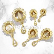 Mother Of Pearl Set Tear Drop Centered Vintage Filigree with Dangle Front Gold Plated Over 316L Surgical Steel Double Flare Tunnel