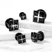 Black Square Cross Puzzle Zircon Front PVD Black over 316L Surgical Steel Screw Fit Flesh Tunnels