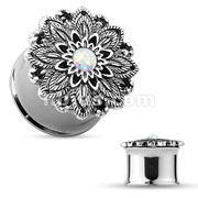 Opal Centered Anti Silver Plated Lotus Flower Top 316L Double Flared Tunnels
