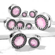 Pink Stone Centered Burnish Finish Shield Front 316L Surgical Steel Screw Fit Flesh Tunnel Plugs