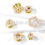 Opalite Stones and Enamel Flowers Gold PVD Over 316L Surgical Steel Screw Fit Flesh Tunnel Plugs