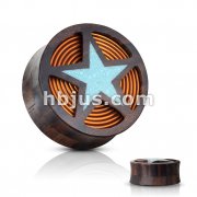 Crushed Turquoise Filled Cut Out Star with Coil Inside of Organic Sono Wood Double Flared Saddle Plugs