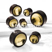 Organic Sono Wood Saddle Plug with Concaved Gold Tin Center on Both Sides