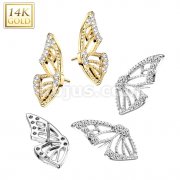 14K Gold Threadless Push In Butterfly Wing With Pave CZ's