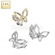 14K Gold Threadless Push In Hollow Butterfly With CZ