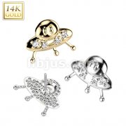 14K Gold Threadless Push In UFO With 4 Round CZs Top