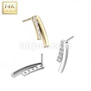 14K Gold Threadless Push In Double Curved Bar/CZ Top