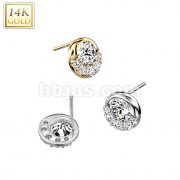 14K Gold Threadless Push In Round CZ and Small CZ Fan Decorated Top