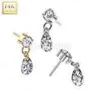 14K Gold Threadless Push In Prong Set CZ Top With Teardrop CZ Dangle