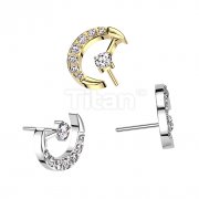 Implant Grade Titanium Threadless Push In CZ Pave Crescent Moon and CZ Center Top