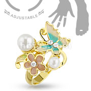 Flower CZ with Pearl Adjustable Gold Plated Brass Ring