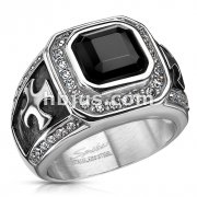 Stainless Steel Onyx Stone with Clear CZs Border and Celtic Cross on Sides Square Cast Ring 