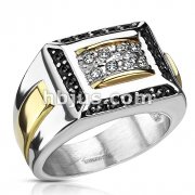 Stainless Steel Two Toned Micro Paved Clear CZs with Black CZ Border Square Cast Ring 