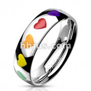 Rainbow Hearts Dome Band Ring Stainless Steel 
