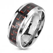 Black and Red Carbon Fiber Center Band Ring Stainless Steel 