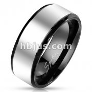 Stainless Steel Two Tone Beveled Edge Band Ring with Glossy Center