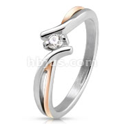 Two Tone Twisted Lines with Center CZ Stainless Steel Ring