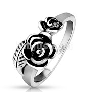 Two Rose and Leaf Stainless Steel Cast Ring 